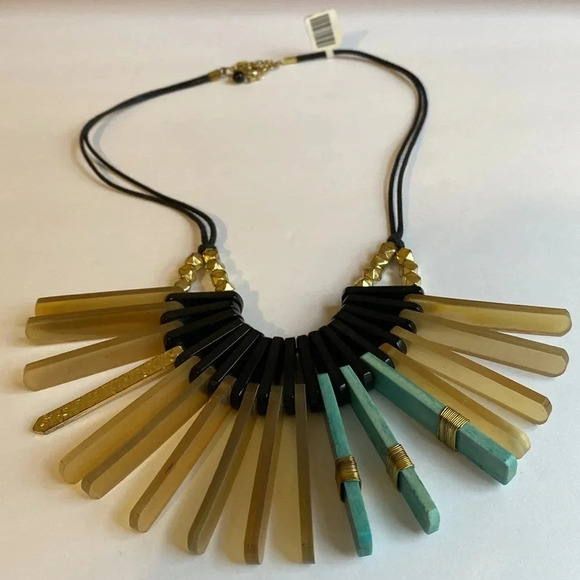 Jewelry - NEW Fair Trade Beaded Fan Statement Large Necklace Rope Gold Black Turquoise